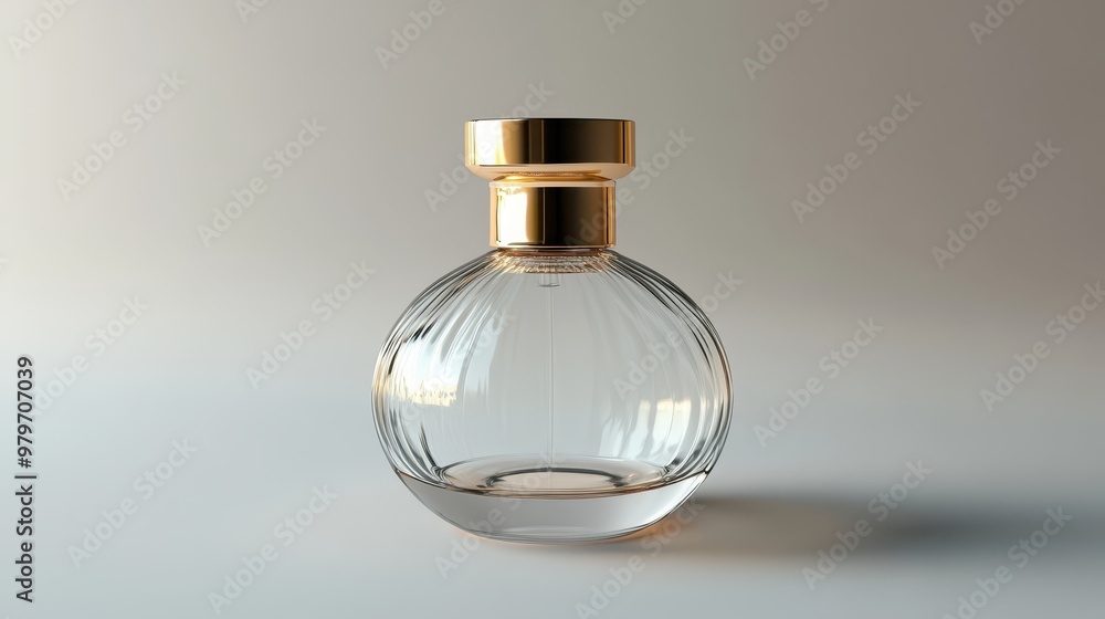 Clear glass perfume bottle with gold cap, smooth and sleek design, white inner wall, high-resolution, soft light Clear glass perfume bottle with gold cap, smooth and sleek design, white inner wall, high-resolution, soft light