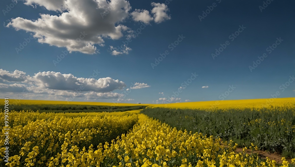 Fields of yellow blooming canola under a blue sky. Fields of yellow blooming canola under a blue sky.