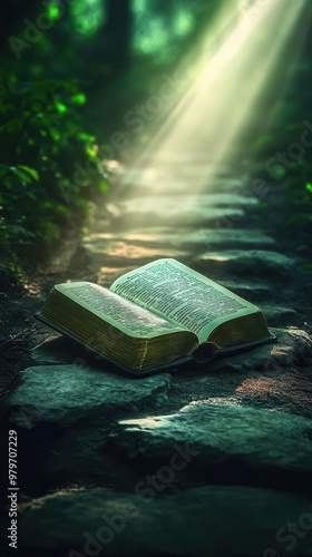 Bible placed on a stone path, illuminated by a single ray of light, symbolizing guidance and direction in life