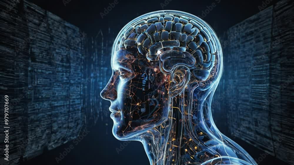 Flying inside the Digital Brain of Artificial Intelligence, Bid data. Illustration of thought process. Future technology animation, AI deep learning computer machine Flying inside the Digital Brain of Artificial Intelligence, Bid data. Illustration of thought process. Future technology animation, AI deep learning computer machine