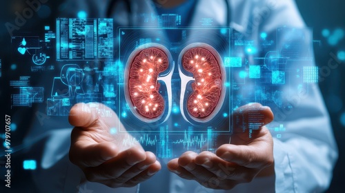 Close-up of hands and digital human kidneys illustration, surrounded by blue medical charts and graphs