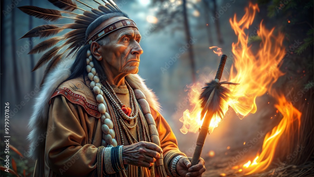 Wise Native American chief holding a flaming torch in a mystical forest setting
