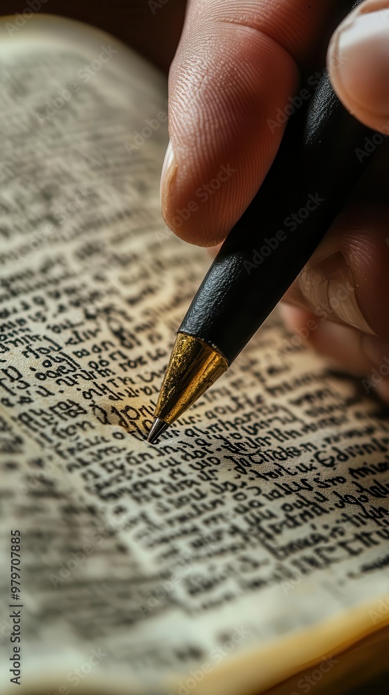 Closeup of a hand writing notes in the margin of a Bible, symbolizing study and deep reflection Closeup of a hand writing notes in the margin of a Bible, symbolizing study and deep reflection