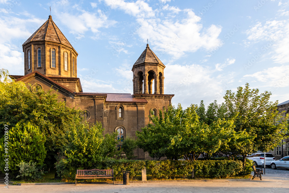 Fototapeta premium side view of Surb Nshan church in Gyumri at sunset