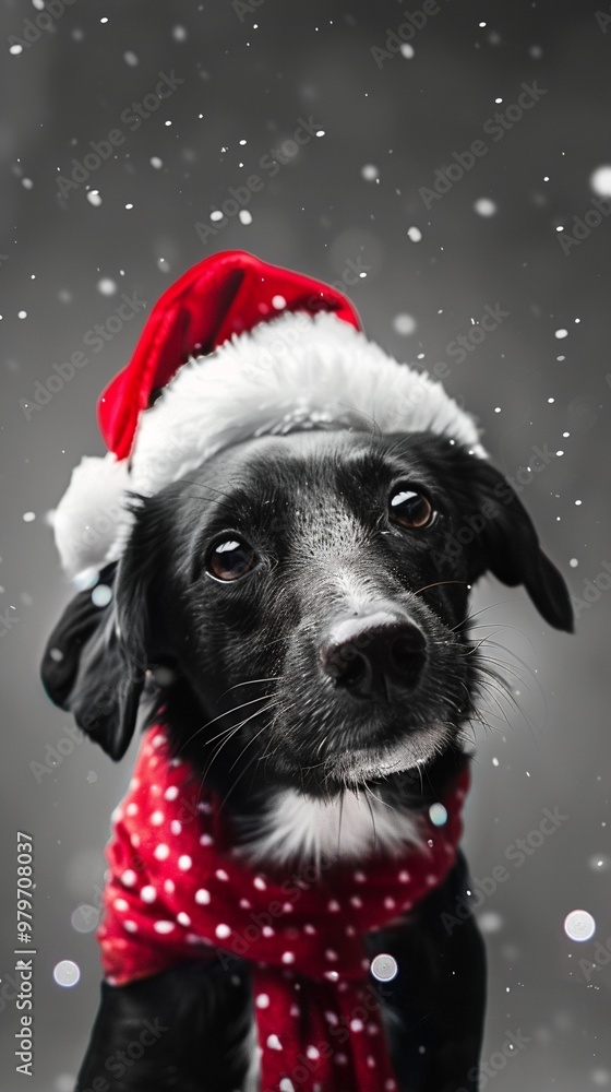 Adorable black and white dog wearing a festive Santa hat and red polka dot scarf, looking directly at camera with soulful eyes as snow gently falls around. Adorable black and white dog wearing a festive Santa hat and red polka dot scarf, looking directly at camera with soulful eyes as snow gently falls around.