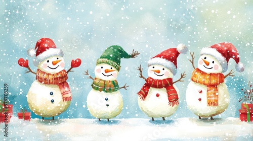 Wallpaper Mural A group of snowmen are standing in a snowy field, all wearing red hats Torontodigital.ca