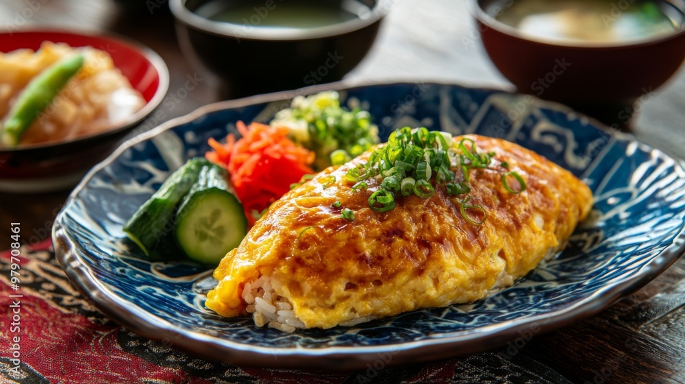A vibrant scene of omurice served on a traditional Japanese-style plate, with a side of pickled vegetables and a cup of miso soup for a complete meal. A vibrant scene of omurice served on a traditional Japanese-style plate, with a side of pickled vegetables and a cup of miso soup for a complete meal.