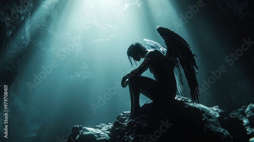 A dark, dramatic depiction of a fallen angel with torn wings, kneeling on a rocky surface, illuminated by a faint light from above. photo