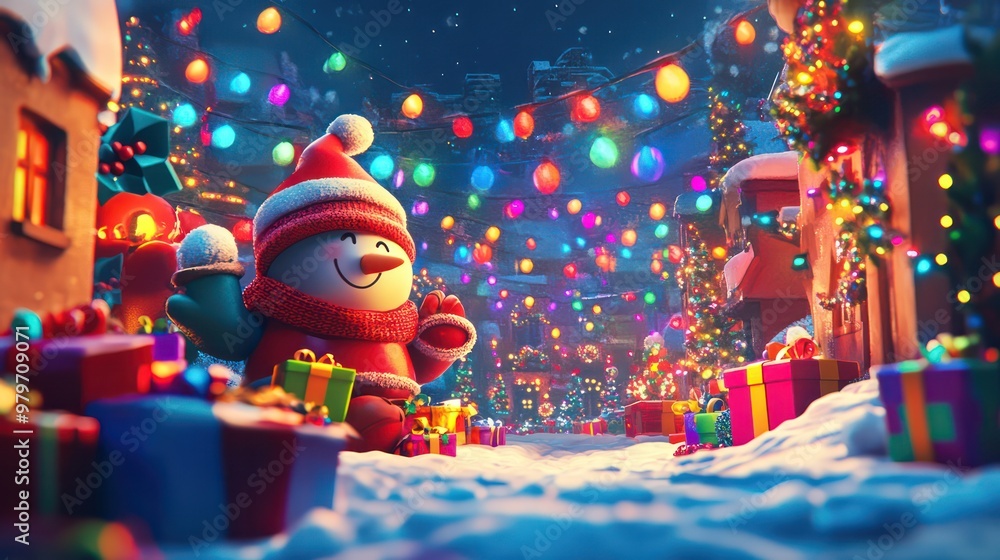 Fototapeta premium A snowman is standing in front of a Christmas tree with a bunch of presents