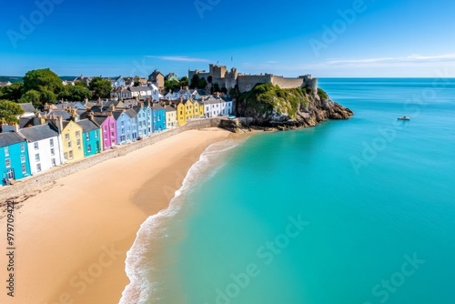 British Isles coastline at Tenby, with its colorful houses overlooking the beach and medieval town walls