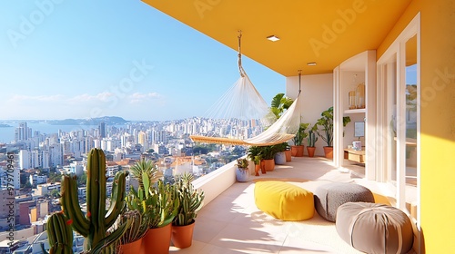 Sun-drenched balcony with colorful floor tiles, potted cacti, and a hammock 