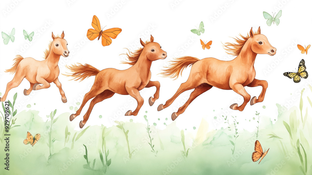 Illustration of three horses running with butterflies flying around them amidst greenery, on a white background. Illustration of three horses running with butterflies flying around them amidst greenery, on a white background.