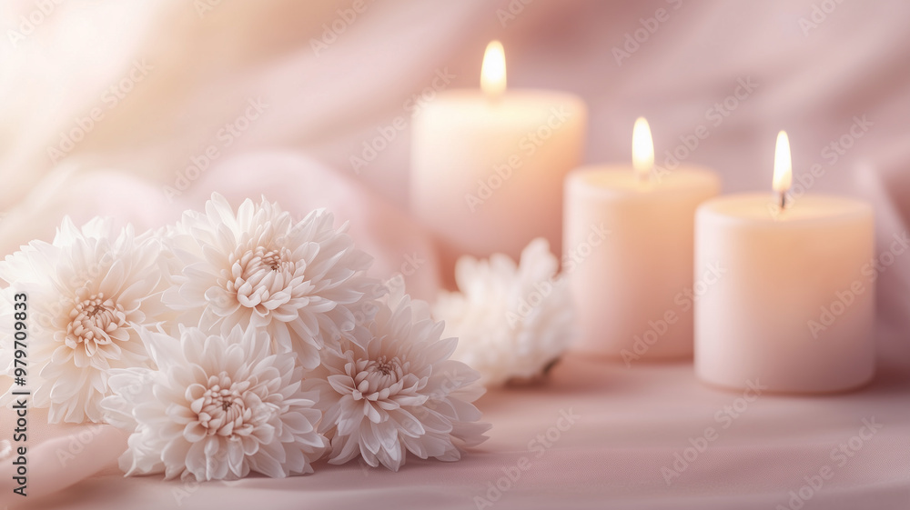 simple background for all saint's day with chrysanthemum and some candles, soft tones. Background mockup mock-up for all Saints Day or All Souls' Day. Background with copy space. simple background for all saint's day with chrysanthemum and some candles, soft tones. Background mockup mock-up for all Saints Day or All Souls' Day. Background with copy space.