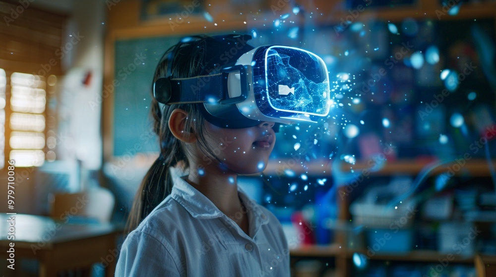 Young girl immersed in virtual reality experience, surrounded by glowing blue particles, exploring digital worlds through VR headset in classroom setting. Young girl immersed in virtual reality experience, surrounded by glowing blue particles, exploring digital worlds through VR headset in classroom setting.