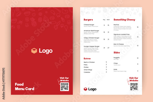 Restaurant fast food menu card table business template layout design two side bifold red color theme modern healthy flyer cover brochure vector cafe paper. minimal modern truck van concept flat