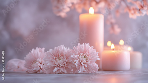 simple background for all saint's day with chrysanthemum and some candles, soft tones. Background mockup mock-up for all Saints Day or All Souls' Day. Background with copy space.