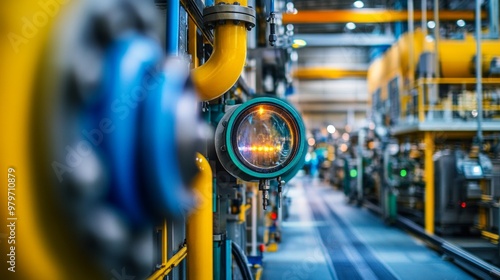 Vibrant Industrial Landscape, featuring yellow and blue pipes, diverse machinery, a prominent machine with a colorful window, and a pathway connecting to blurred factory buildings.