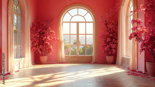 Pink room with large windows and flowering trees