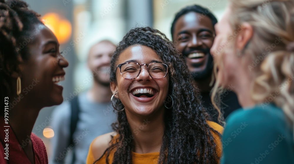 A diverse group of people laughing and interacting at a casual gathering. A diverse group of people laughing and interacting at a casual gathering.