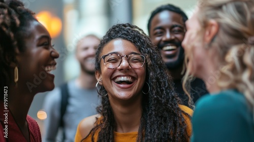 A diverse group of people laughing and interacting at a casual gathering.