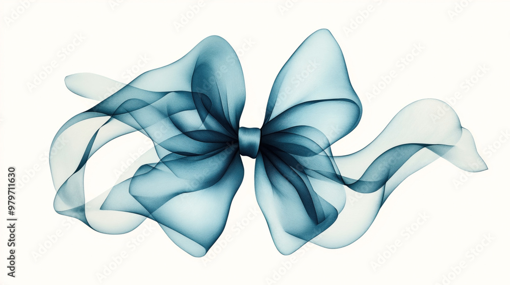Naklejka premium Elegant, translucent blue ribbon bow on a white background, showcasing intricate details and a soft, flowing design.
