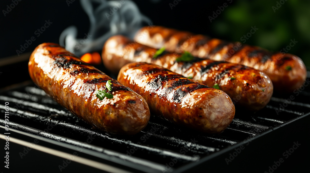 German sausage sizzling on a grill, smoke rising, extreme close-up, high contrast, realistic textures, warm color tones, vibrant food shot German sausage sizzling on a grill, smoke rising, extreme close-up, high contrast, realistic textures, warm color tones, vibrant food shot