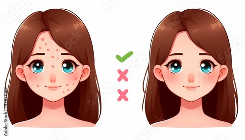 Face with and without acne. Set. Flat style illustration on white background
 
