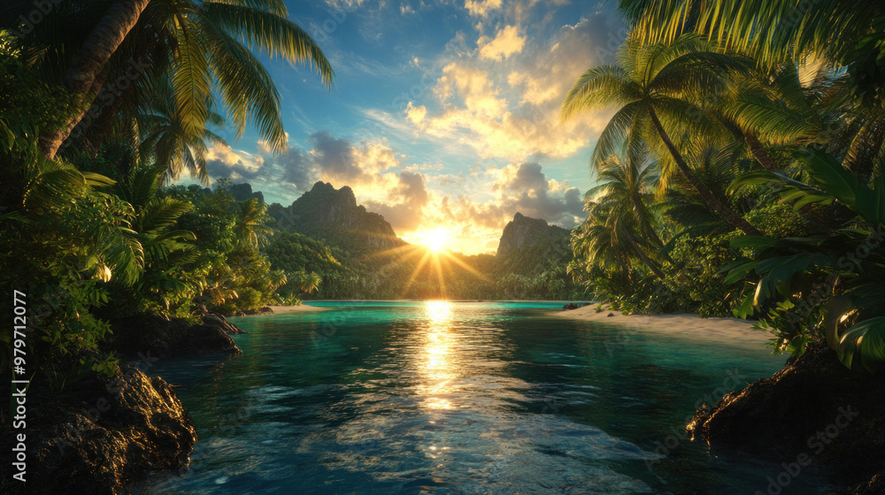 Fototapeta premium A tropical paradise at dusk, with the sun setting behind lush palm trees and casting golden light over the beach
