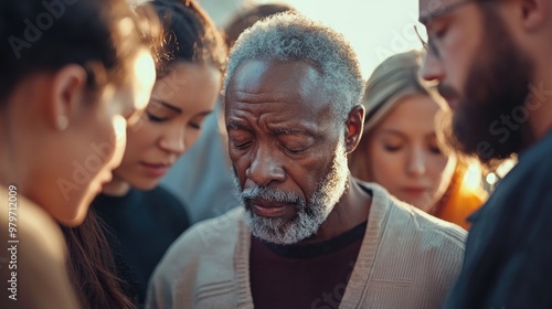 A diverse group of people praying in a circle, eyes closed.