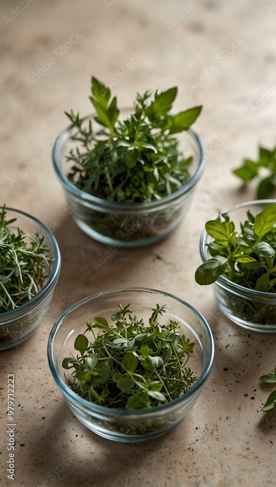 Fresh culinary herbs in glass dishes on a light background. Fresh culinary herbs in glass dishes on a light background.
