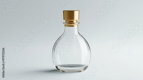 Elegant clear glass perfume bottle with gold cap, clear texture, white inner wall, high-resolution, solid color background