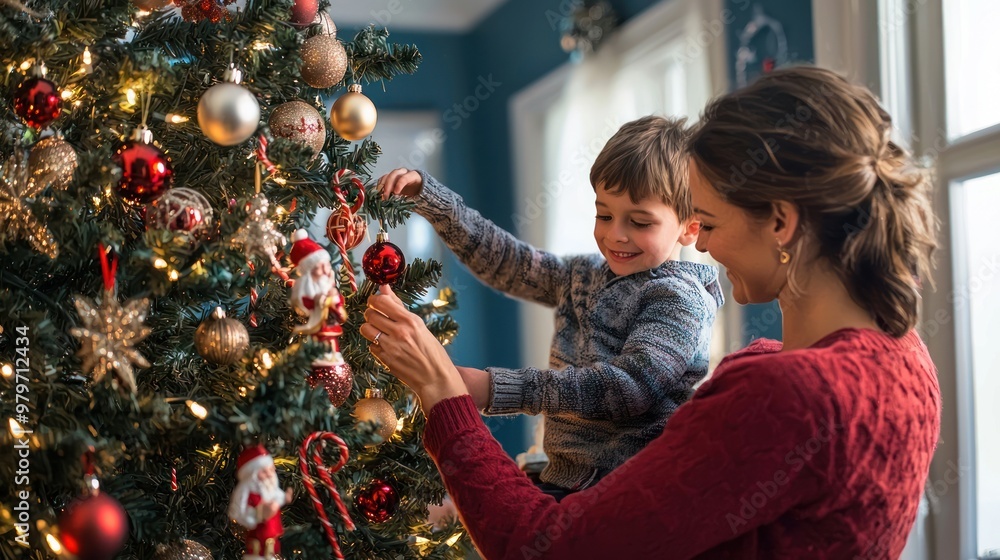 A family decorating a Christmas tree with religious ornaments. A family decorating a Christmas tree with religious ornaments.