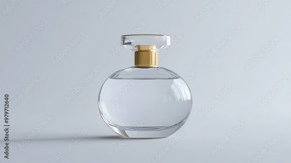 Elegant clear glass perfume bottle with gold cap, high-resolution, simple design, white inner wall, solid backdrop Elegant clear glass perfume bottle with gold cap, high-resolution, simple design, white inner wall, solid backdrop