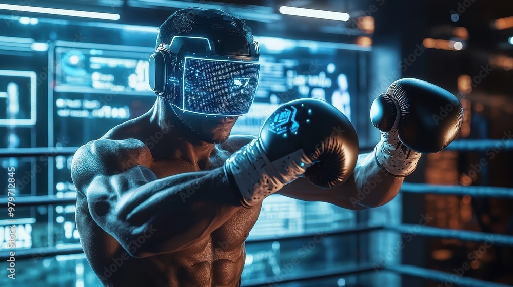 A man wearing a virtual reality headset is boxing in a ring A man wearing a virtual reality headset is boxing in a ring