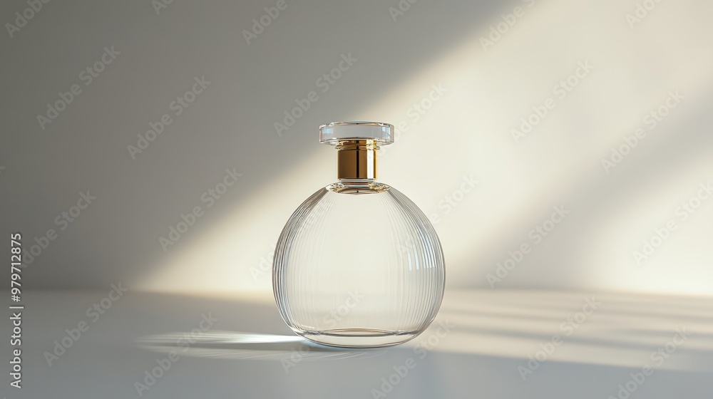 Elegant clear glass perfume bottle with gold cap, simple shape, high-resolution, white inner wall, soft light Elegant clear glass perfume bottle with gold cap, simple shape, high-resolution, white inner wall, soft light