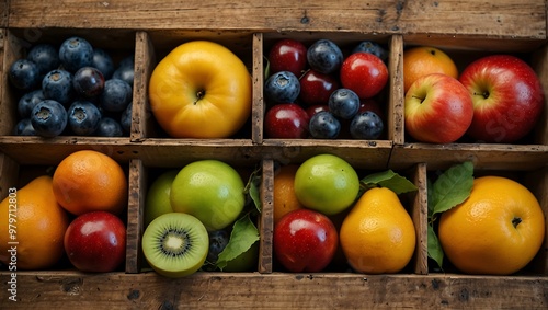 Fresh organic fruits in a rustic wooden crate showcasing their vibrant colors.