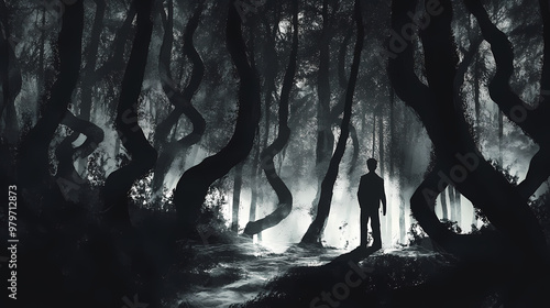 Dark forest, twisted trees, shadowy figures. Shadowy. Illustration photo