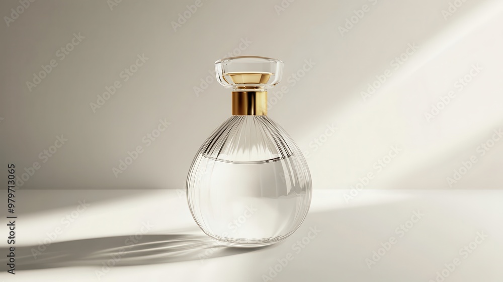 Elegant clear glass perfume bottle with gold cap, simple shape, smooth lines, high-resolution, soft lighting Elegant clear glass perfume bottle with gold cap, simple shape, smooth lines, high-resolution, soft lighting