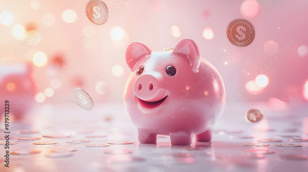 Wealth Building Concept with 3D Piggy Bank and Floating Currency Symbols. Wealth Building Concept with 3D Piggy Bank and Floating Currency Symbols.