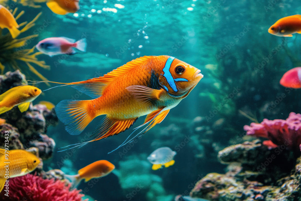 Fototapeta premium An exotic fish tank filled with colorful species, with a pet owner maintaining the aquarium for their aquatic pets