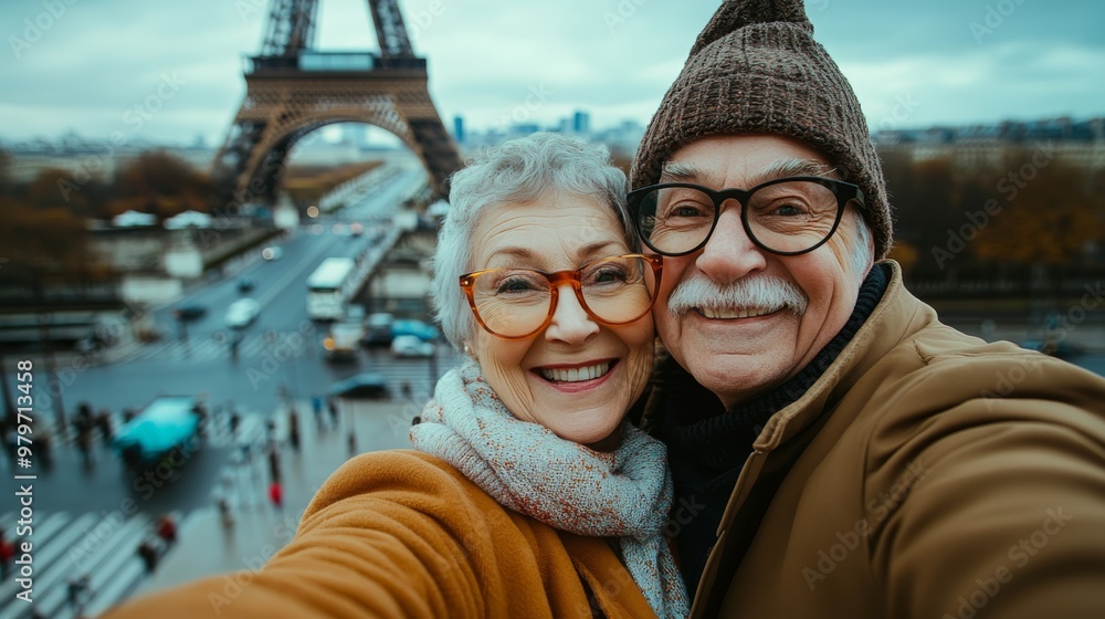 Happy Senior Couple Taking Selfie in Paris with Eiffel Tower in Background Happy Senior Couple Taking Selfie in Paris with Eiffel Tower in Background
