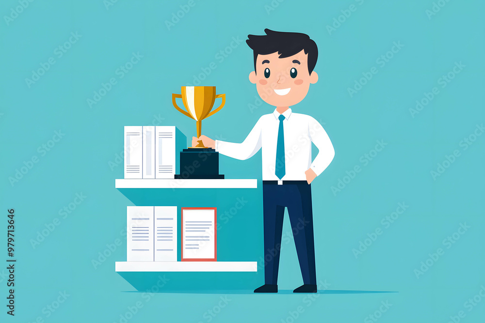 A business leader or executive and a large trophy, symbolizing leadership and achievement. A business leader or executive and a large trophy, symbolizing leadership and achievement.