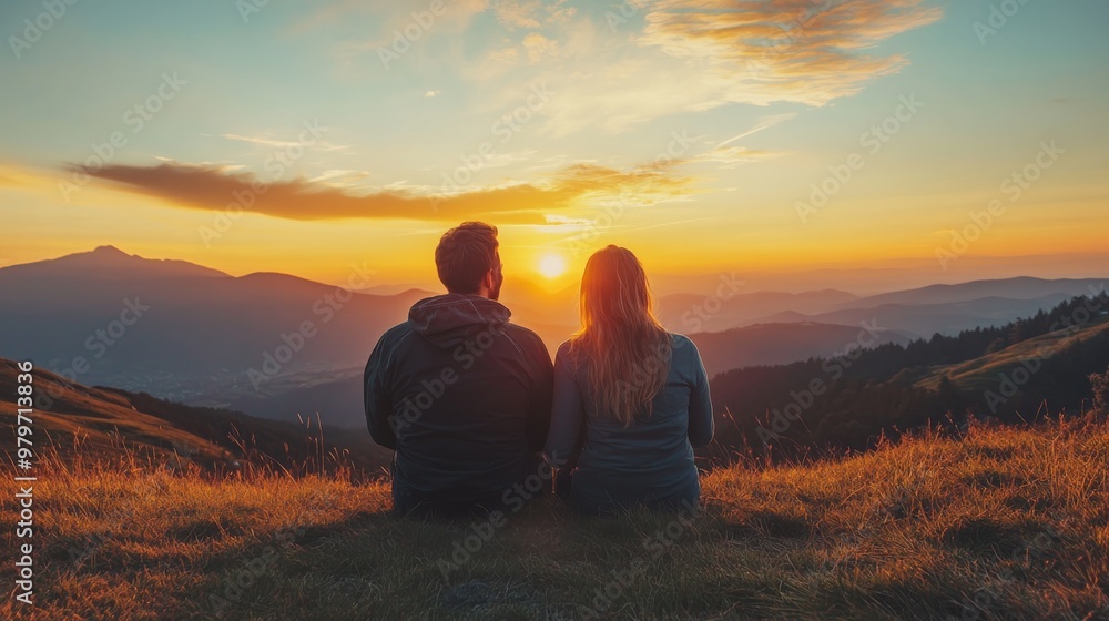 Couple Silhouettes at Sunset Over Mountain Range Couple Silhouettes at Sunset Over Mountain Range