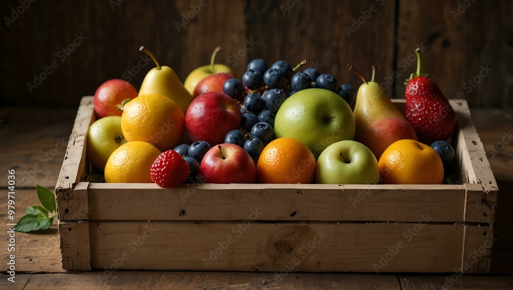 Freshly picked organic fruits arranged in a rustic wooden crate. Freshly picked organic fruits arranged in a rustic wooden crate.