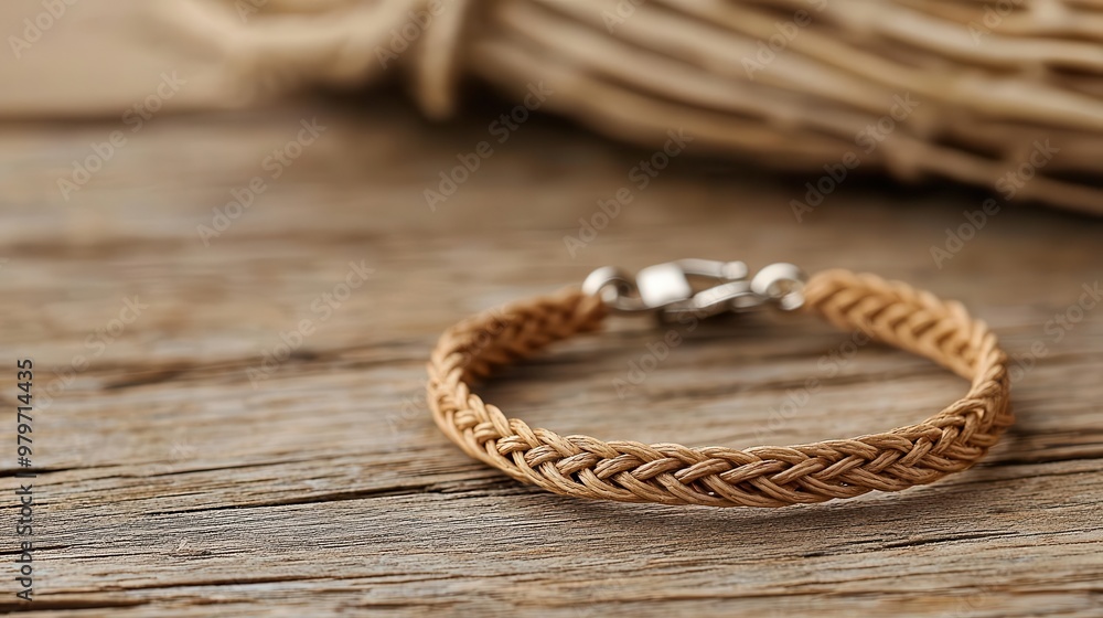 Thin braided bracelet in earthy tones, minimalist boho chic style, placed on natural wooden surface Thin braided bracelet in earthy tones, minimalist boho chic style, placed on natural wooden surface
