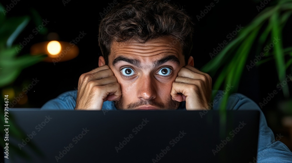 A man staring wide-eyed at his laptop screen, displaying shock or surprise. A man staring wide-eyed at his laptop screen, displaying shock or surprise.
