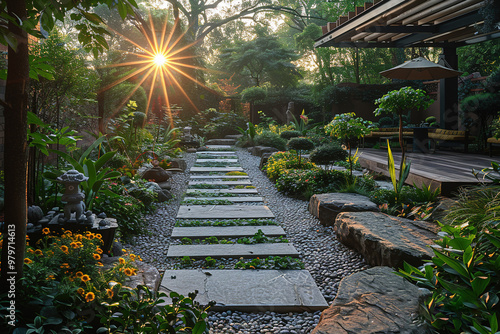 A garden path with a stone walkway and a stone wall photo