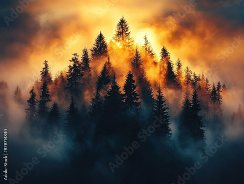 Trees barely visible through the thick mist, with the warm glow of a sunset illuminating the foggy landscape