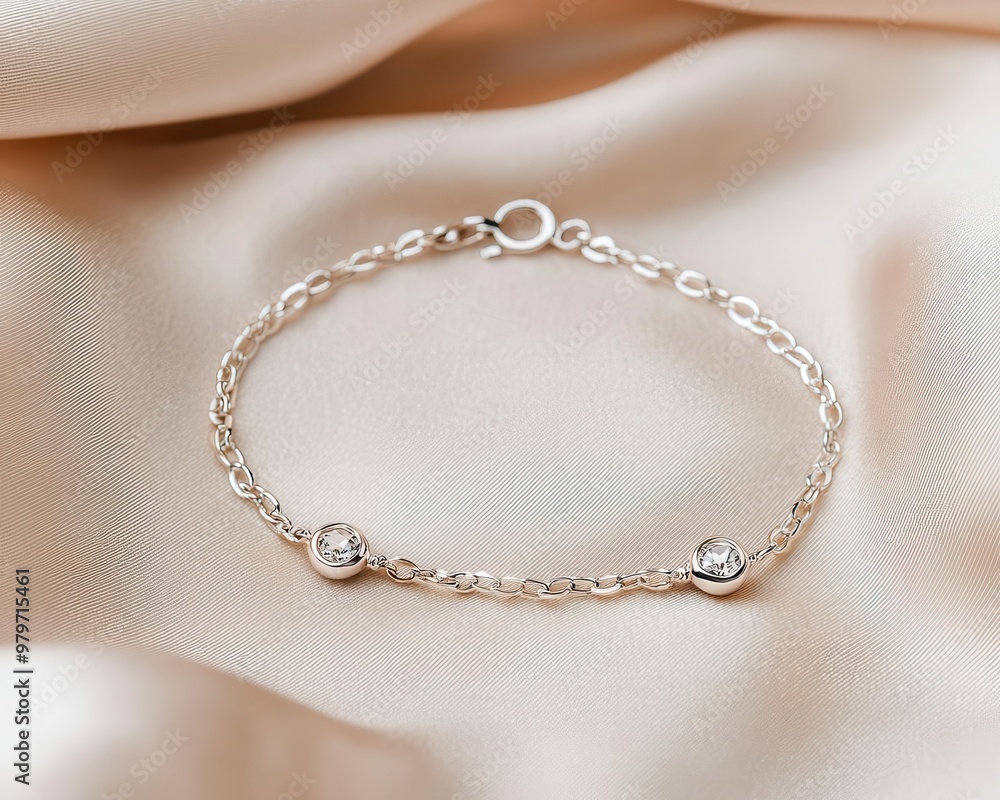 Simple silver bracelet with diamond-shaped charm, resting on soft beige fabric, elegant minimalism Simple silver bracelet with diamond-shaped charm, resting on soft beige fabric, elegant minimalism