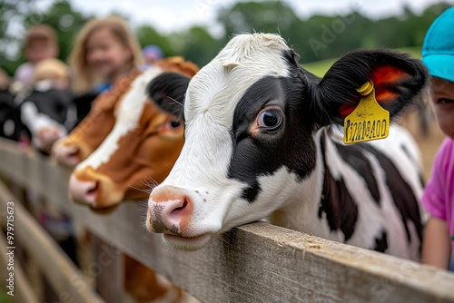 Farm animals standing at a fence, eagerly waiting to be fed by children visiting the farm photo